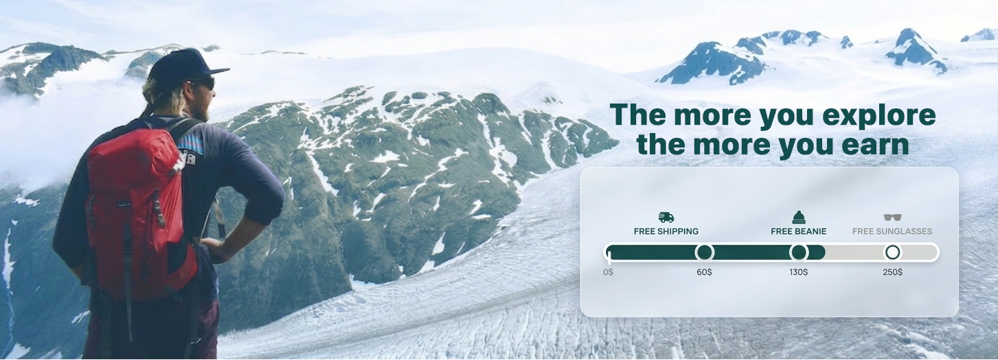 Person with a red backpack standing on a snowy mountain with text overlay about exploration and earning.