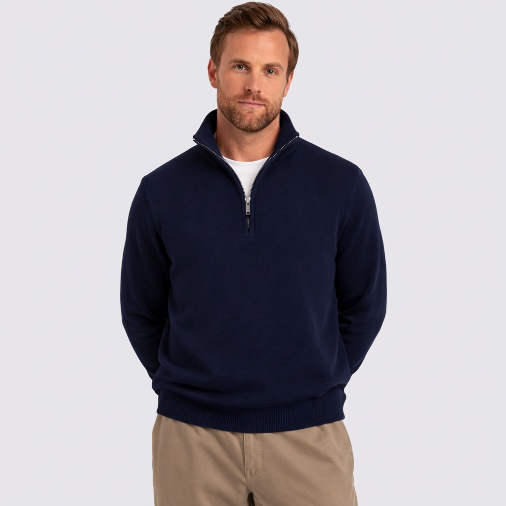 Man wearing a navy blue pullover with a zipper on a light gray background