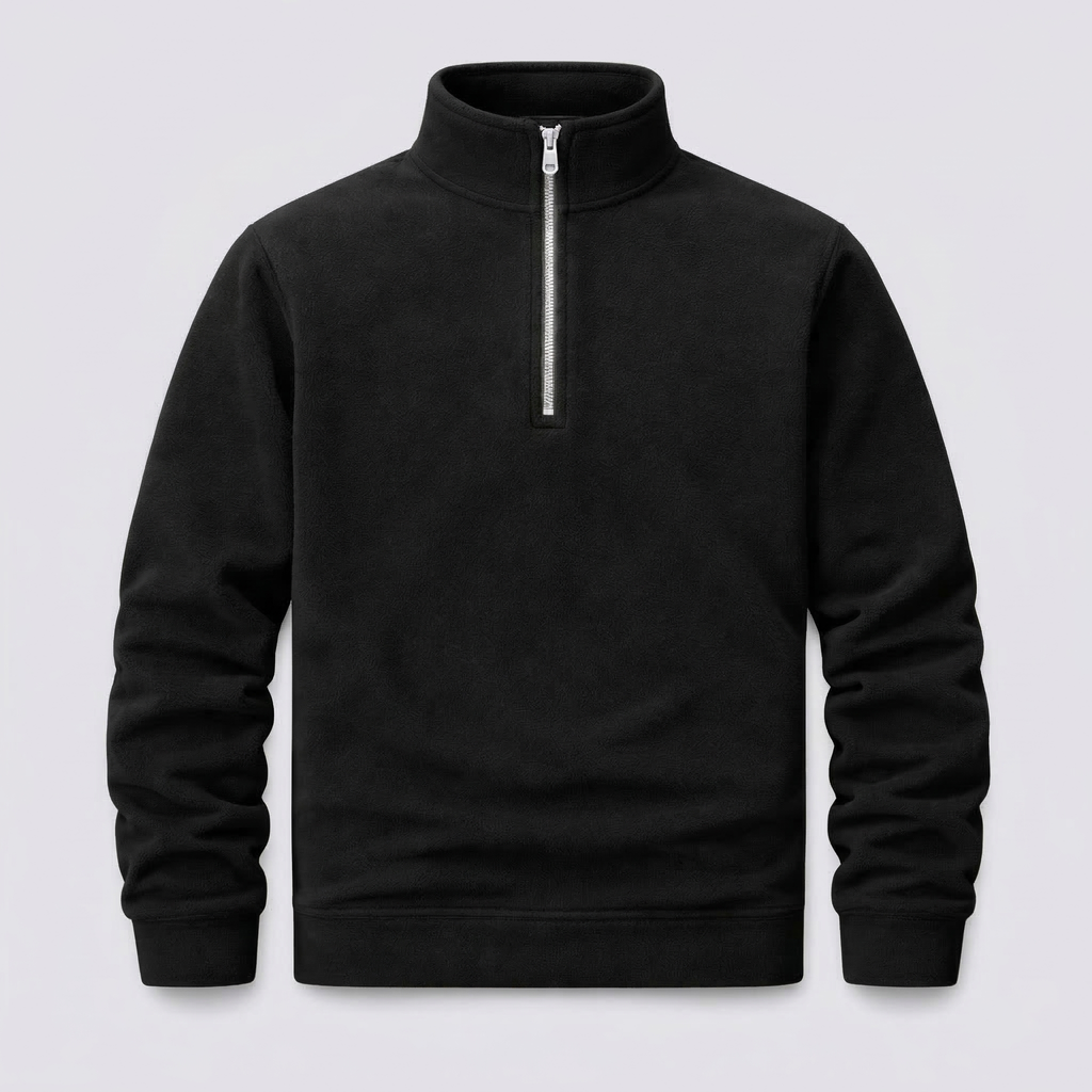 Black half-zip sweatshirt on a light gray background