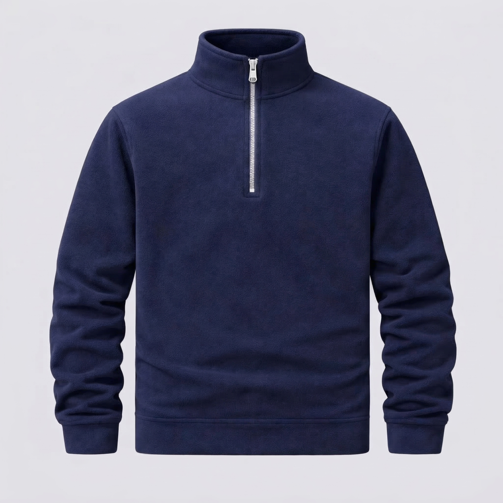 Navy blue half-zip sweatshirt on a light gray background
