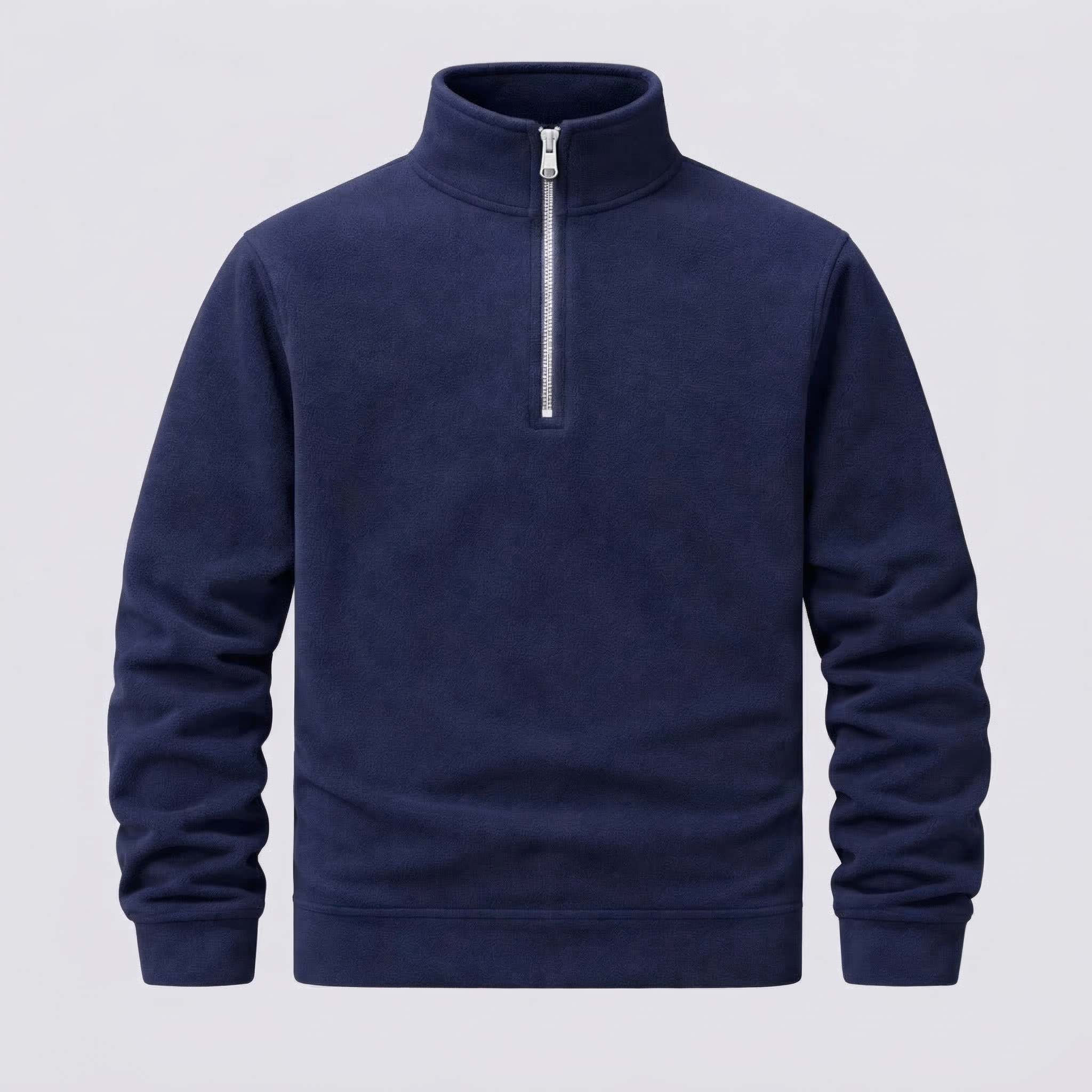 Navy blue half-zip sweatshirt on a light gray background