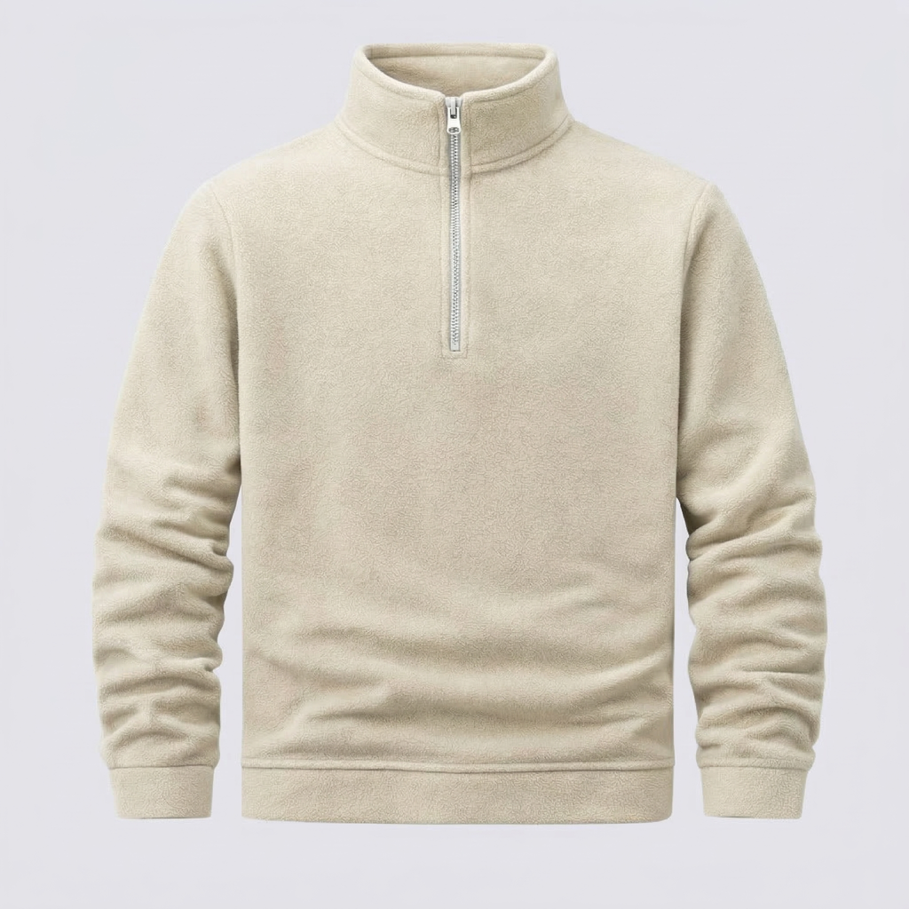 Beige half-zip sweatshirt on a light gray background