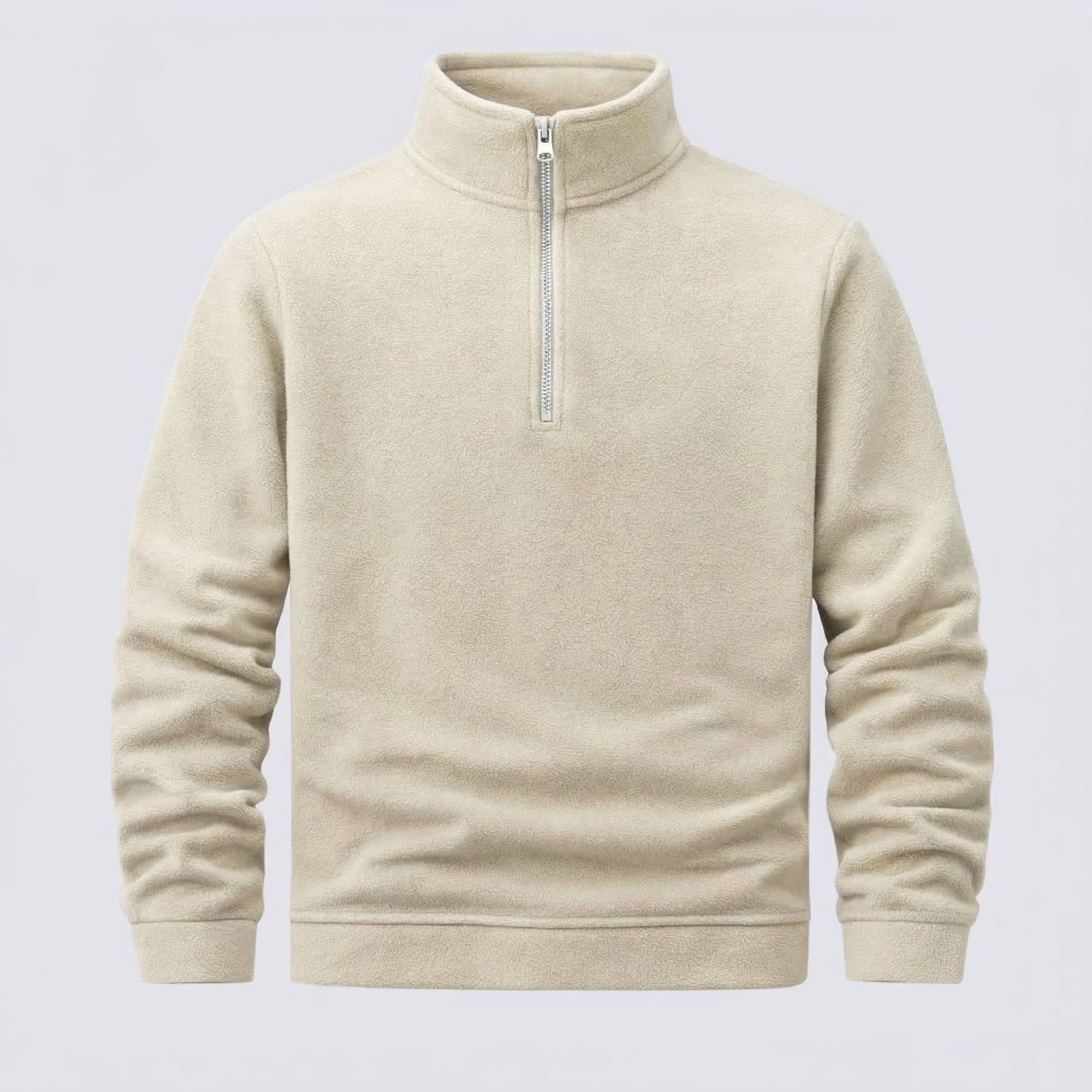 Beige half-zip sweatshirt on a light gray background